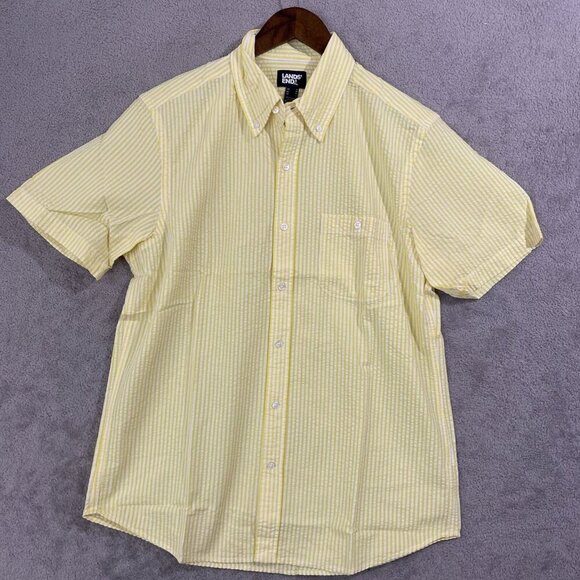NWOT Lands' End Men's M Yellow & White Striped Short Sleeve Button Down Shirt - Picture 1 of 7